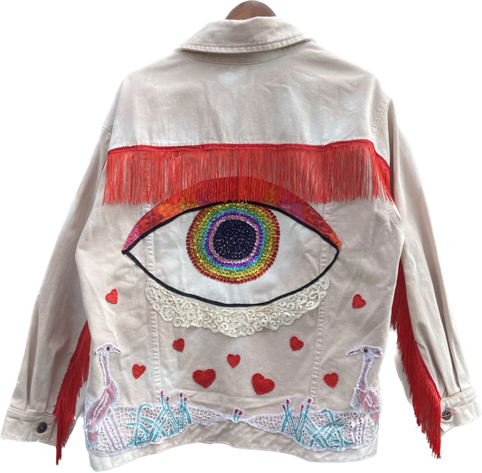 Rainbow Eye Up-cycled Hand Embroidered Denim Jacket